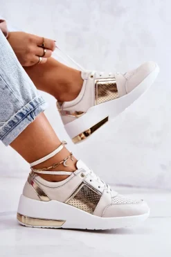 Damskie Damskie buty S.Barski Damskie Skórzane Buty Sportowe Na Koturnie Beżowo-Białe Larson