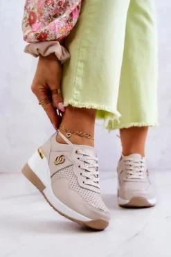 New Damskie buty S.Barski Damskie Skórzane Buty Sportowe Sneakersy Beżowe Loissa