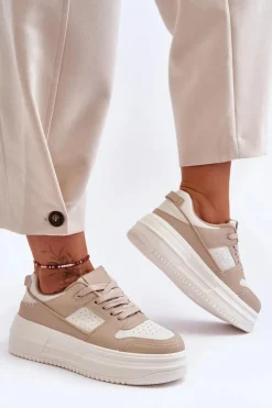 Boto Sneakersy Damskie*Damskie Skórzane Buty Sportowe Na Masywnej Platformie Beżowe Belisso