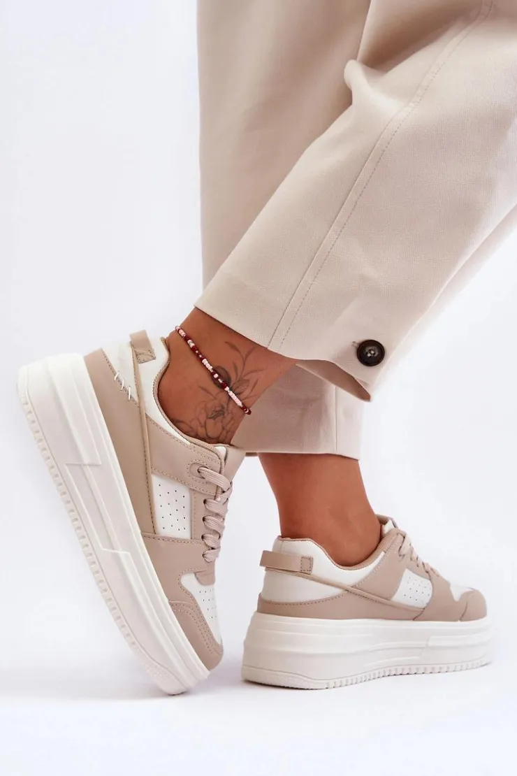 Boto Sneakersy Damskie*Damskie Skórzane Buty Sportowe Na Masywnej Platformie Beżowe Belisso