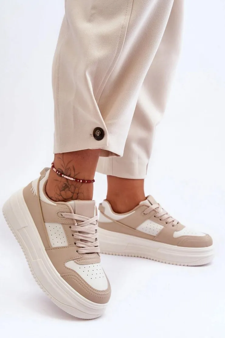 Boto Sneakersy Damskie*Damskie Skórzane Buty Sportowe Na Masywnej Platformie Beżowe Belisso