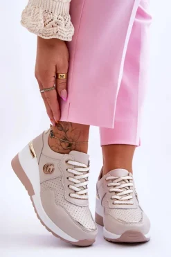 Damskie buty S.Barski Sneakersy Damskie*Damskie Skórzane Buty Sportowe Na Koturnie Beżowe Rebeca