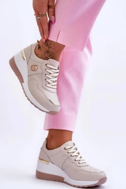 Damskie buty S.Barski Sneakersy Damskie*Damskie Skórzane Buty Sportowe Na Koturnie Beżowe Rebeca