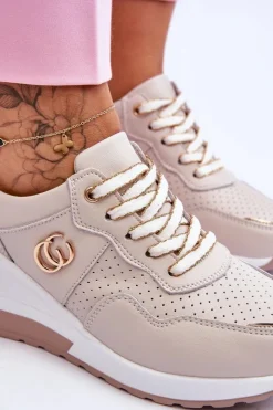 Damskie buty S.Barski Sneakersy Damskie*Damskie Skórzane Buty Sportowe Na Koturnie Beżowe Rebeca