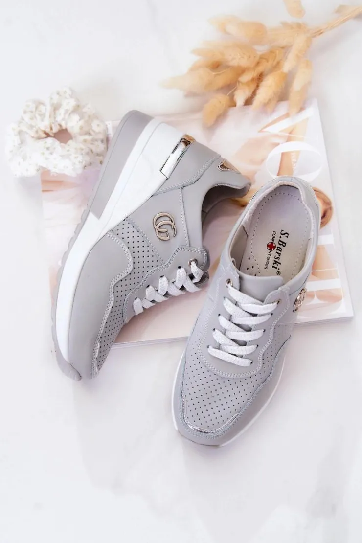 Damskie Damskie buty S.Barski Damskie Skórzane Buty Sportowe Sneakersy Szare Loissa