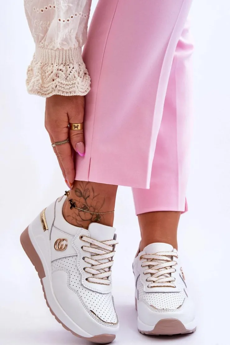 Damskie Damskie buty S.Barski Damskie Skórzane Buty Sportowe Na Koturnie Biało-Złote Rebeca