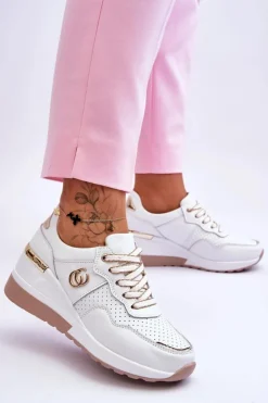 Damskie Damskie buty S.Barski Damskie Skórzane Buty Sportowe Na Koturnie Biało-Złote Rebeca