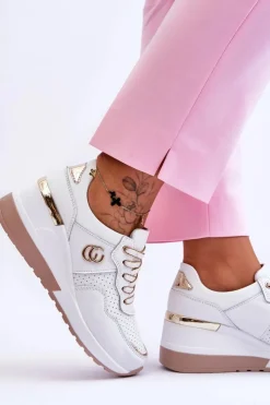 Damskie Damskie buty S.Barski Damskie Skórzane Buty Sportowe Na Koturnie Biało-Złote Rebeca