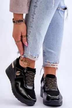 Hot Damskie buty S.Barski Damskie Skórzane Buty Sportowe Na Koturnie Czarne Rebeca