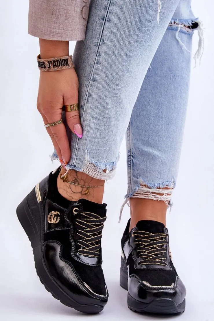 Hot Damskie buty S.Barski Damskie Skórzane Buty Sportowe Na Koturnie Czarne Rebeca