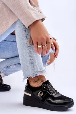 Hot Damskie buty S.Barski Damskie Skórzane Buty Sportowe Na Koturnie Czarne Rebeca