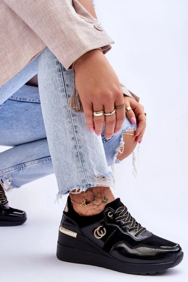 Hot Damskie buty S.Barski Damskie Skórzane Buty Sportowe Na Koturnie Czarne Rebeca