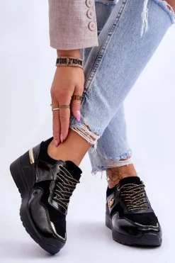 Hot Damskie buty S.Barski Damskie Skórzane Buty Sportowe Na Koturnie Czarne Rebeca