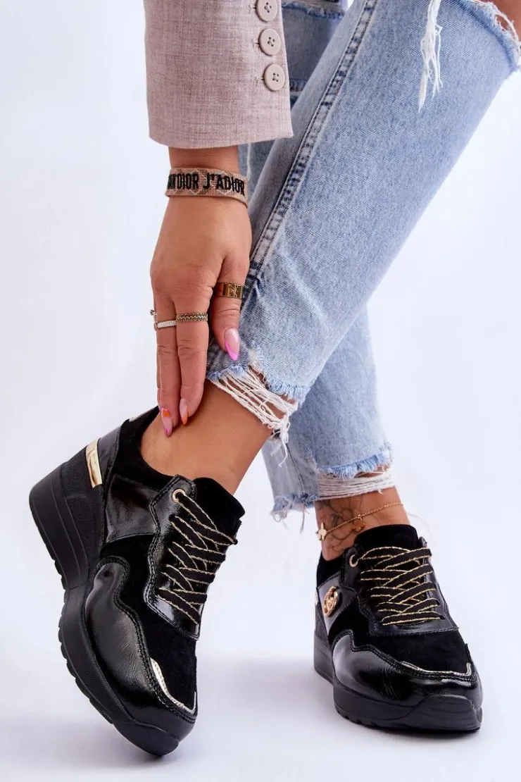 Hot Damskie buty S.Barski Damskie Skórzane Buty Sportowe Na Koturnie Czarne Rebeca