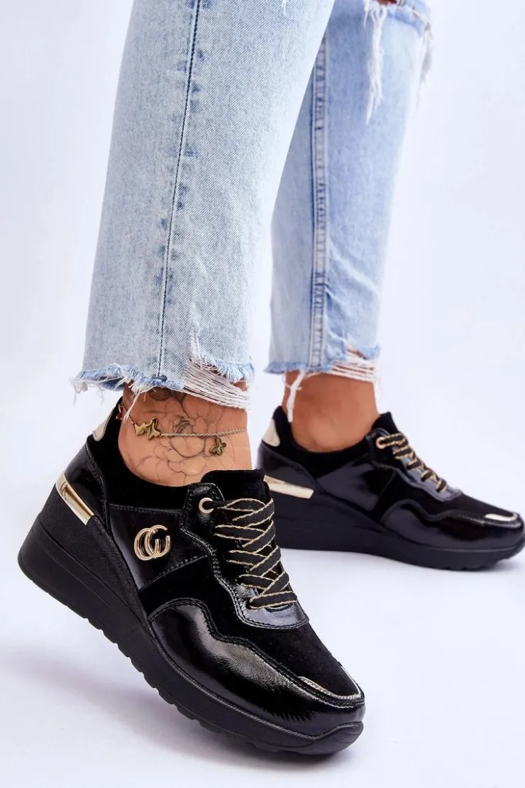 Hot Damskie buty S.Barski Damskie Skórzane Buty Sportowe Na Koturnie Czarne Rebeca