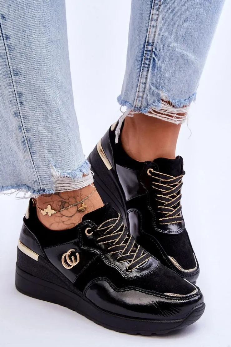 Hot Damskie buty S.Barski Damskie Skórzane Buty Sportowe Na Koturnie Czarne Rebeca