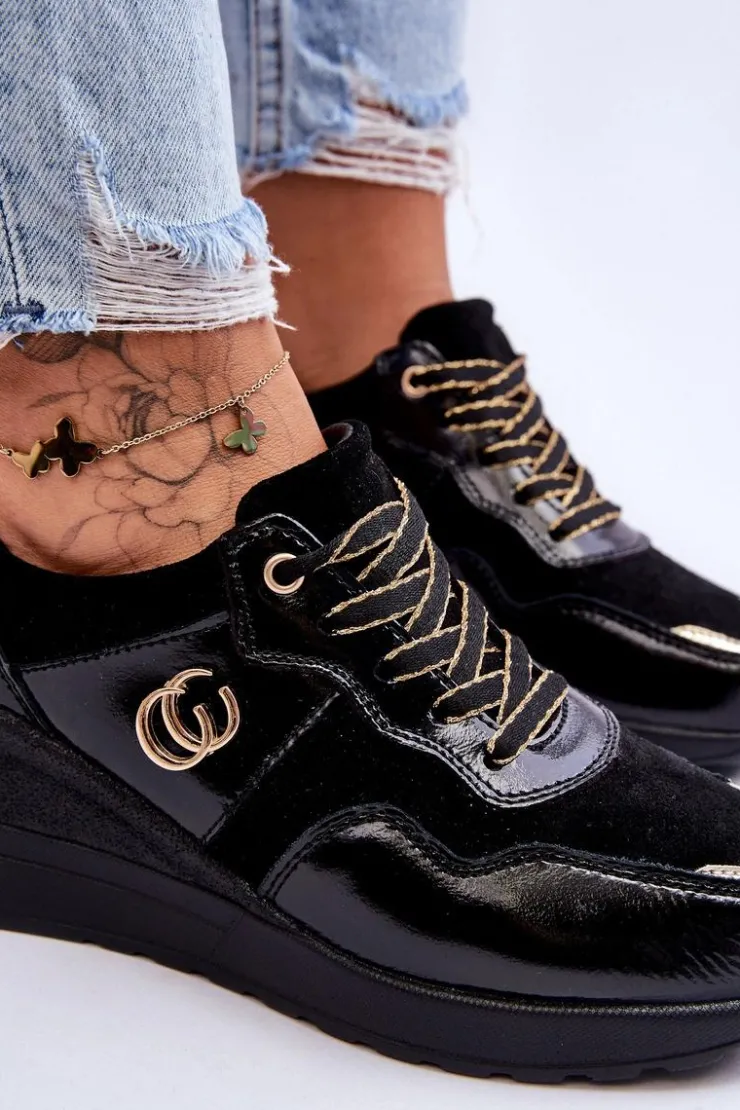 Hot Damskie buty S.Barski Damskie Skórzane Buty Sportowe Na Koturnie Czarne Rebeca