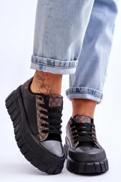 Damskie Boto Damskie Skórzane Buty Sportowe Na Platformie Czarne Alison