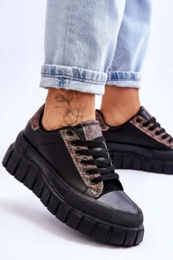 Damskie Boto Damskie Skórzane Buty Sportowe Na Platformie Czarne Alison