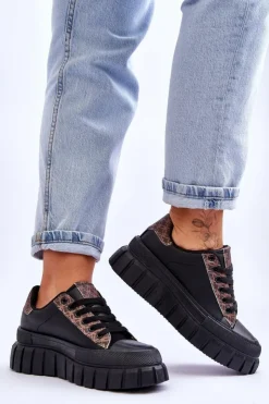 Damskie Boto Damskie Skórzane Buty Sportowe Na Platformie Czarne Alison