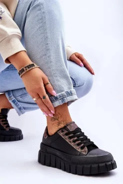 Damskie Boto Damskie Skórzane Buty Sportowe Na Platformie Czarne Alison