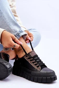 Damskie Boto Damskie Skórzane Buty Sportowe Na Platformie Czarne Alison