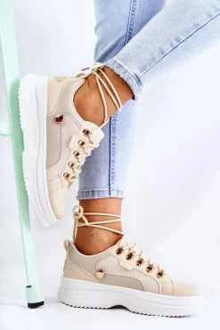 Clearance Boto Damskie Skórzane Buty Sportowe Beżowe Salmira