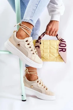 Clearance Boto Damskie Skórzane Buty Sportowe Beżowe Salmira