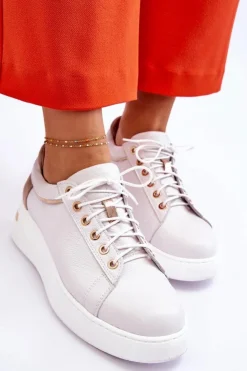 Damskie Boto Damskie Skórzane Buty Sportowe Na Platformie Białe Caressa