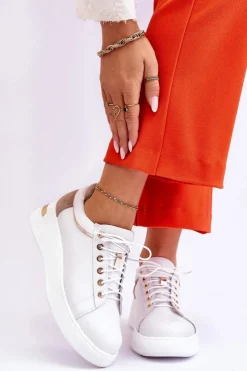 Damskie Boto Damskie Skórzane Buty Sportowe Na Platformie Białe Caressa