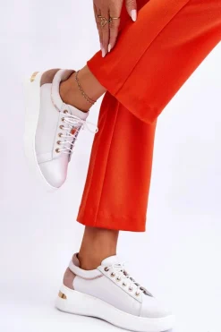 Damskie Boto Damskie Skórzane Buty Sportowe Na Platformie Białe Caressa