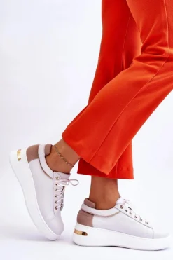 Damskie Boto Damskie Skórzane Buty Sportowe Na Platformie Białe Caressa