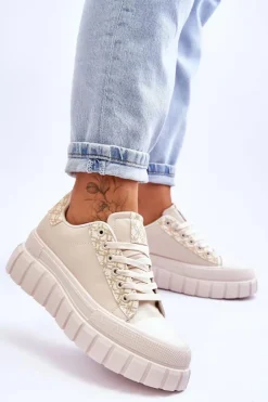 Online Boto Damskie Skórzane Buty Sportowe Na Platformie Beżowe Alison