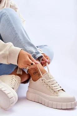 Online Boto Damskie Skórzane Buty Sportowe Na Platformie Beżowe Alison