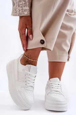 Discount Boto Damskie Skórzane Buty Sportowe Na Masywnej Platformie Białe Belisso