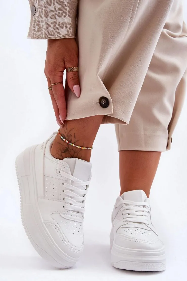 Discount Boto Damskie Skórzane Buty Sportowe Na Masywnej Platformie Białe Belisso