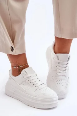 Discount Boto Damskie Skórzane Buty Sportowe Na Masywnej Platformie Białe Belisso