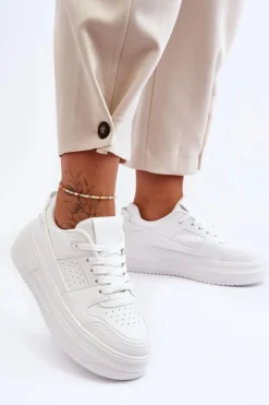 Discount Boto Damskie Skórzane Buty Sportowe Na Masywnej Platformie Białe Belisso