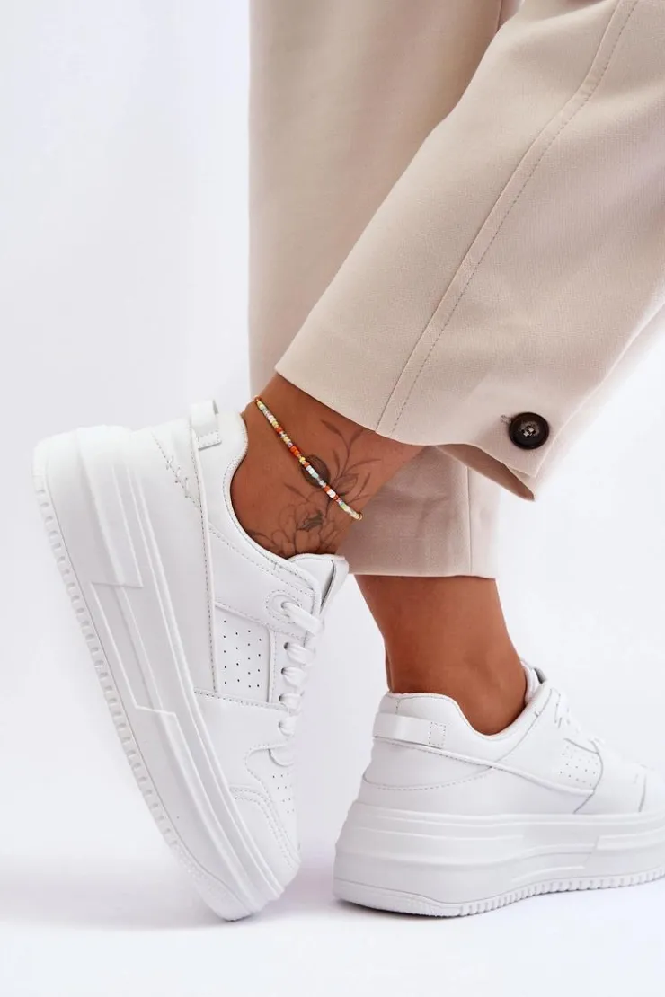 Discount Boto Damskie Skórzane Buty Sportowe Na Masywnej Platformie Białe Belisso