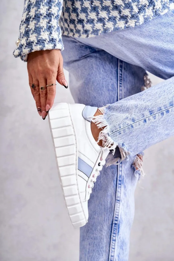 Damskie Boto Damskie Skórzane Buty Sportowe Wiązane Biało-Niebieskie Ariva