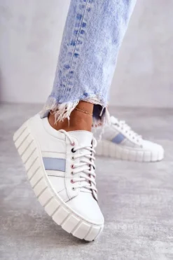 Damskie Boto Damskie Skórzane Buty Sportowe Wiązane Biało-Niebieskie Ariva