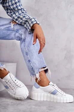 Damskie Boto Damskie Skórzane Buty Sportowe Wiązane Biało-Niebieskie Ariva