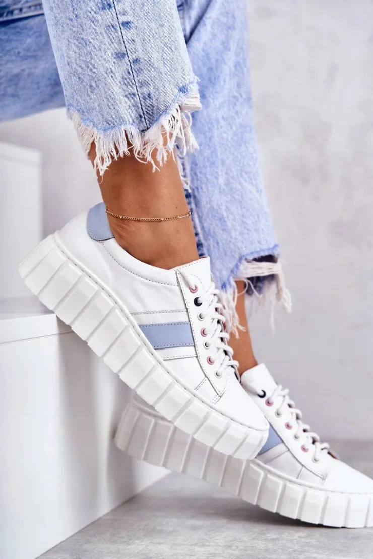 Damskie Boto Damskie Skórzane Buty Sportowe Wiązane Biało-Niebieskie Ariva