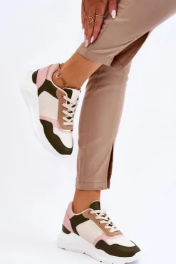 Outlet Boto Damskie Skórzane Buty Sportowe Na Platformie Beżowo-Różowe Chaya