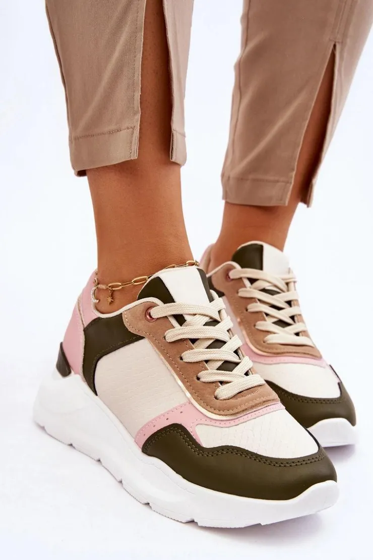 Outlet Boto Damskie Skórzane Buty Sportowe Na Platformie Beżowo-Różowe Chaya