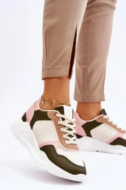 Outlet Boto Damskie Skórzane Buty Sportowe Na Platformie Beżowo-Różowe Chaya