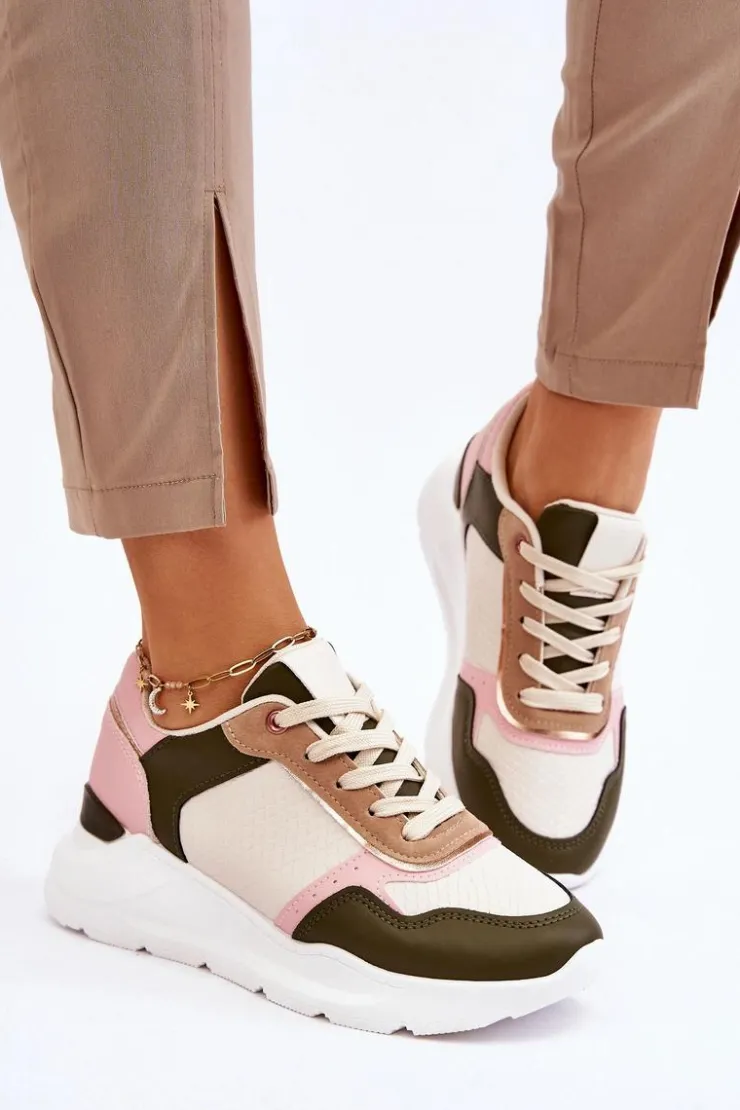 Outlet Boto Damskie Skórzane Buty Sportowe Na Platformie Beżowo-Różowe Chaya