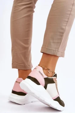 Outlet Boto Damskie Skórzane Buty Sportowe Na Platformie Beżowo-Różowe Chaya