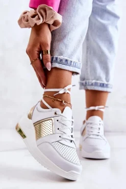 New Damskie buty S.Barski Damskie Skórzane Buty Sportowe Na Koturnie Białe Larson