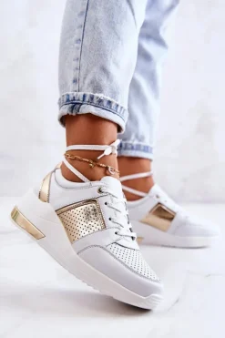 New Damskie buty S.Barski Damskie Skórzane Buty Sportowe Na Koturnie Białe Larson